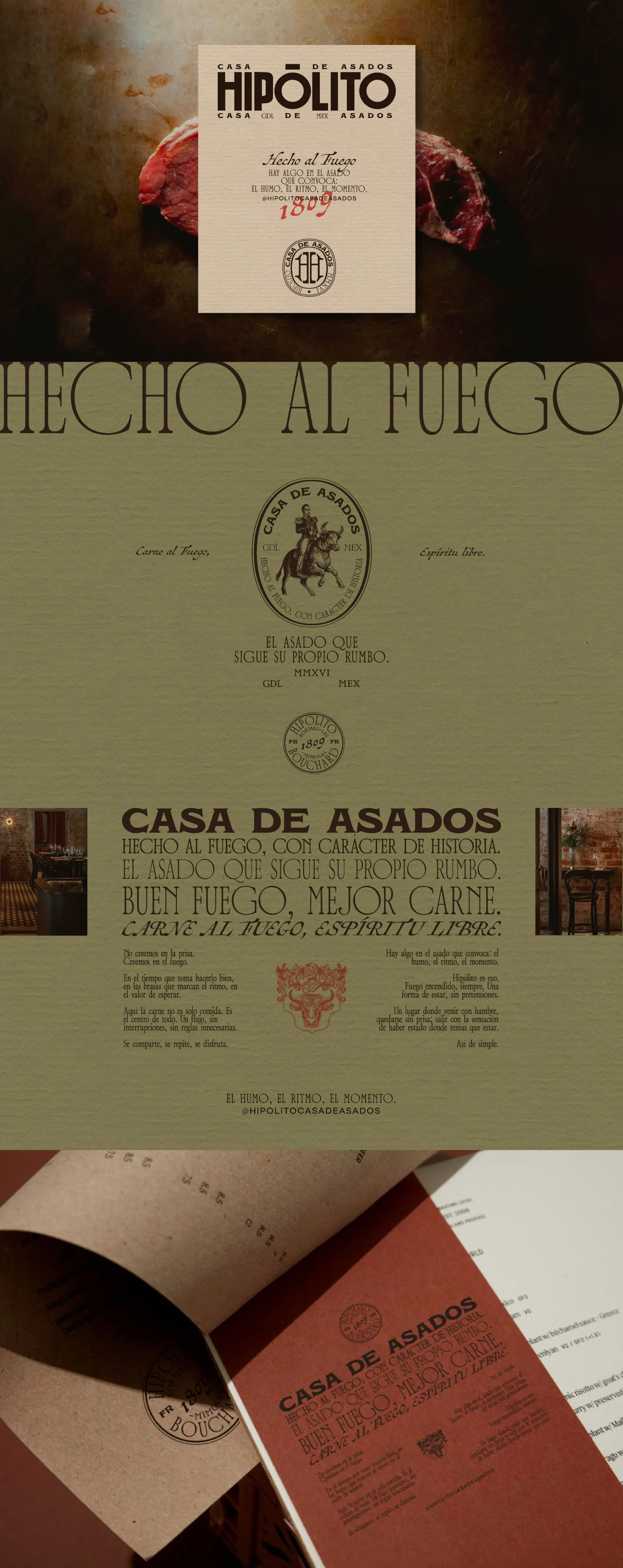 Hipólito brand sheet: menu card, Hecho al Fuego type, Casa de Asados seal and terracotta menu