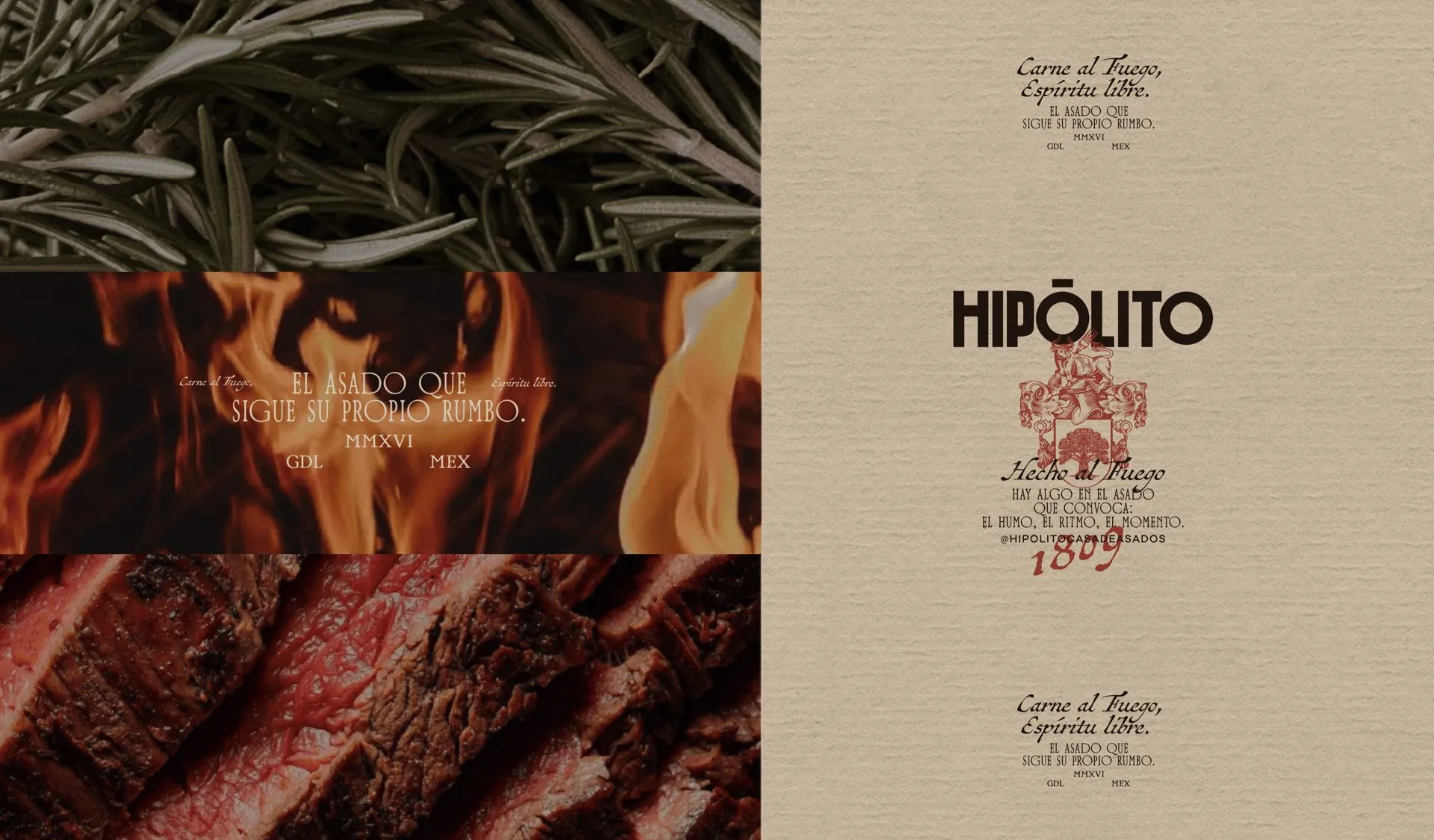 Rosemary, open flame and sliced steak beside the Hipólito wordmark and crest on parchment