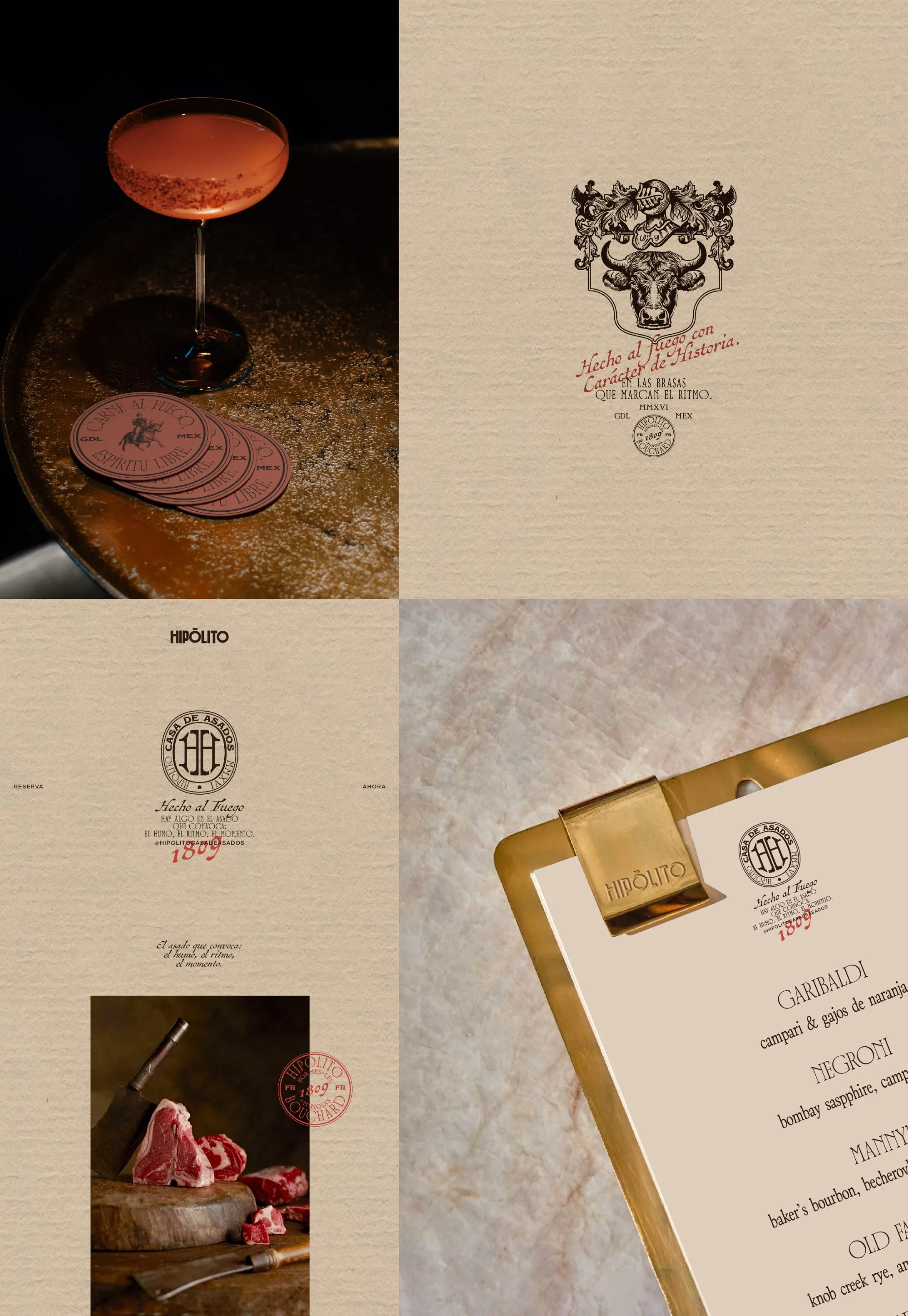 Hipólito cocktail with coasters, bull crest, menu cover and brass-clipped cocktail list