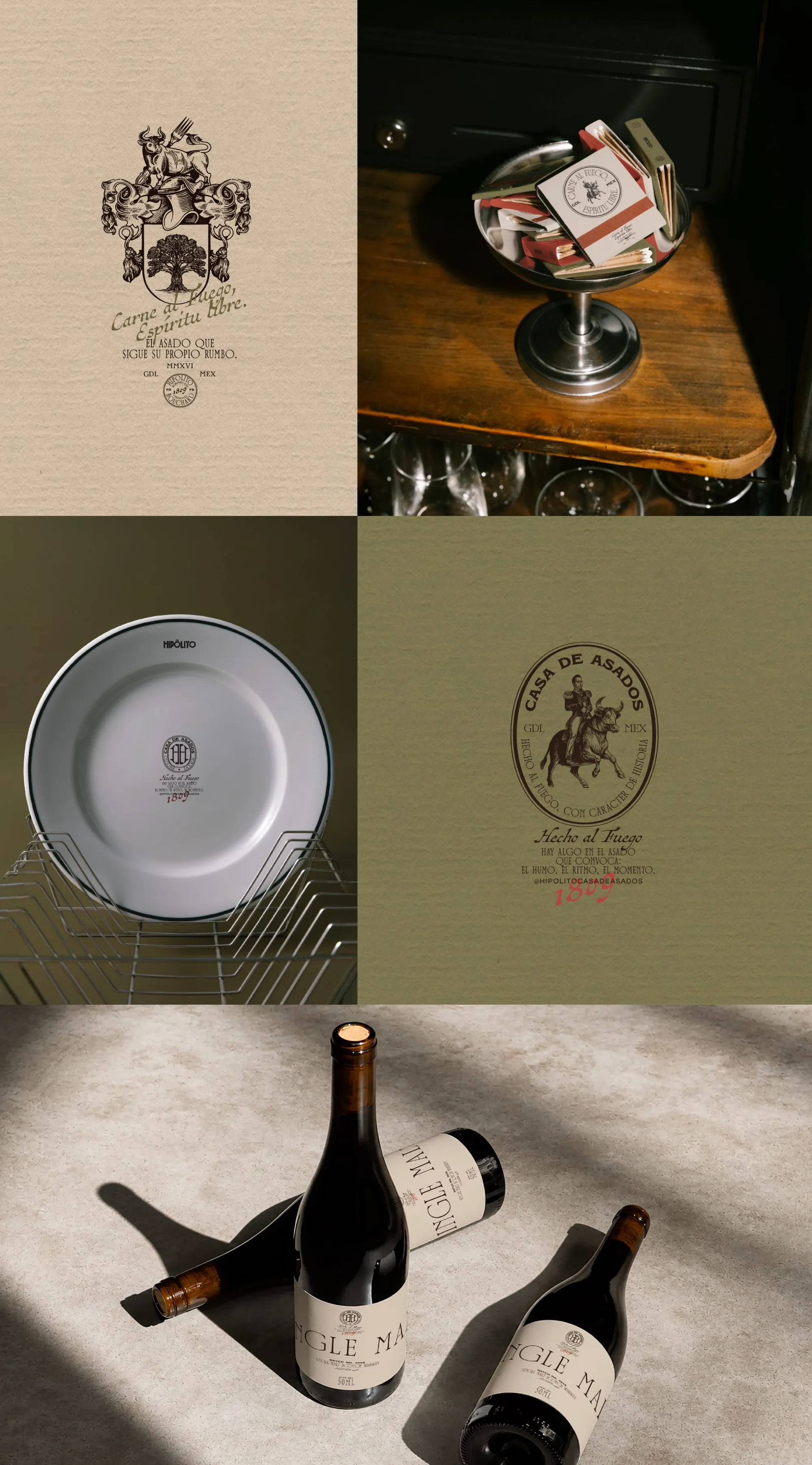 Hipólito crest, branded matchbooks, plate, Casa de Asados seal and bottle labels