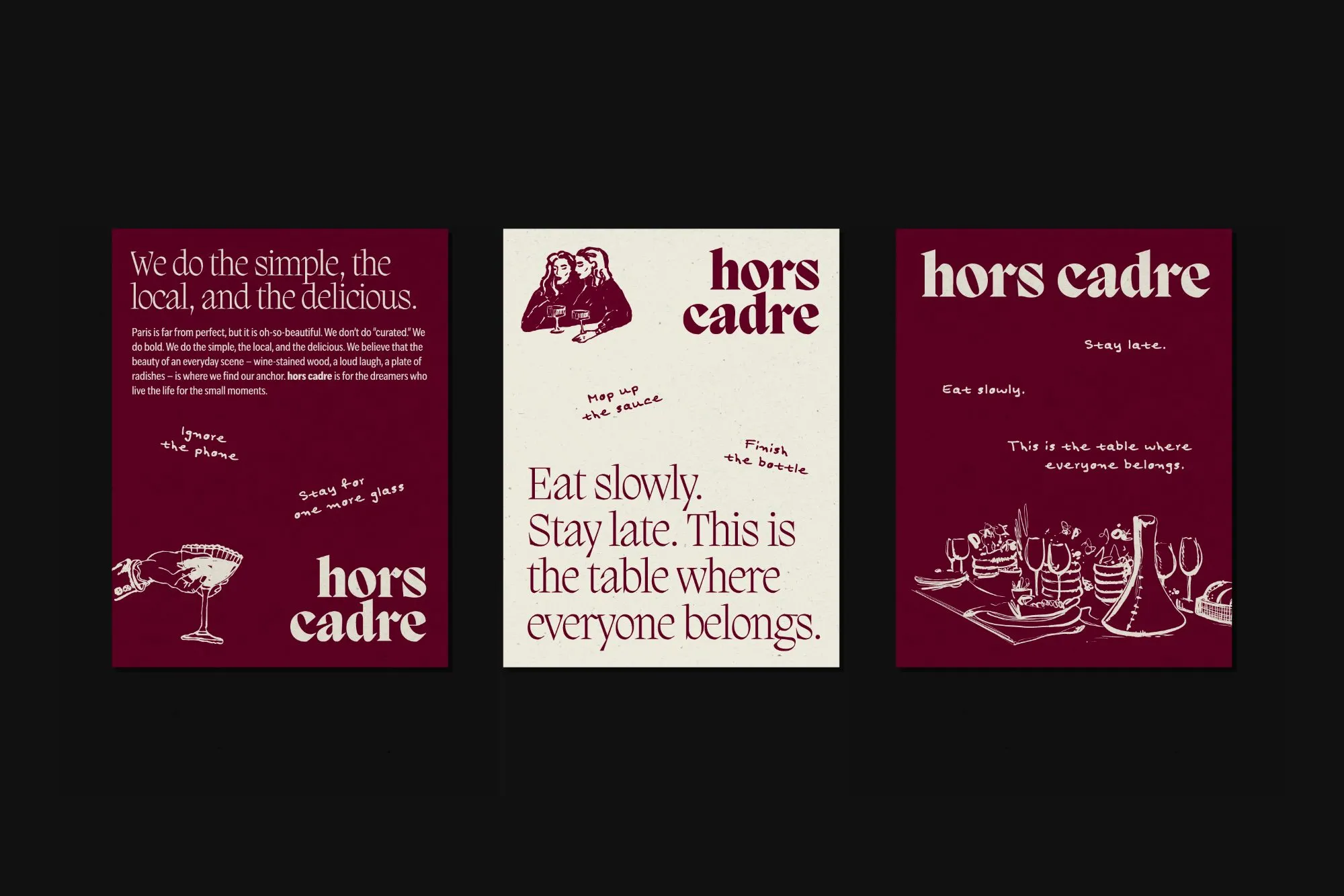 Three Hors Cadre posters in bordeaux and cream with ink illustrations