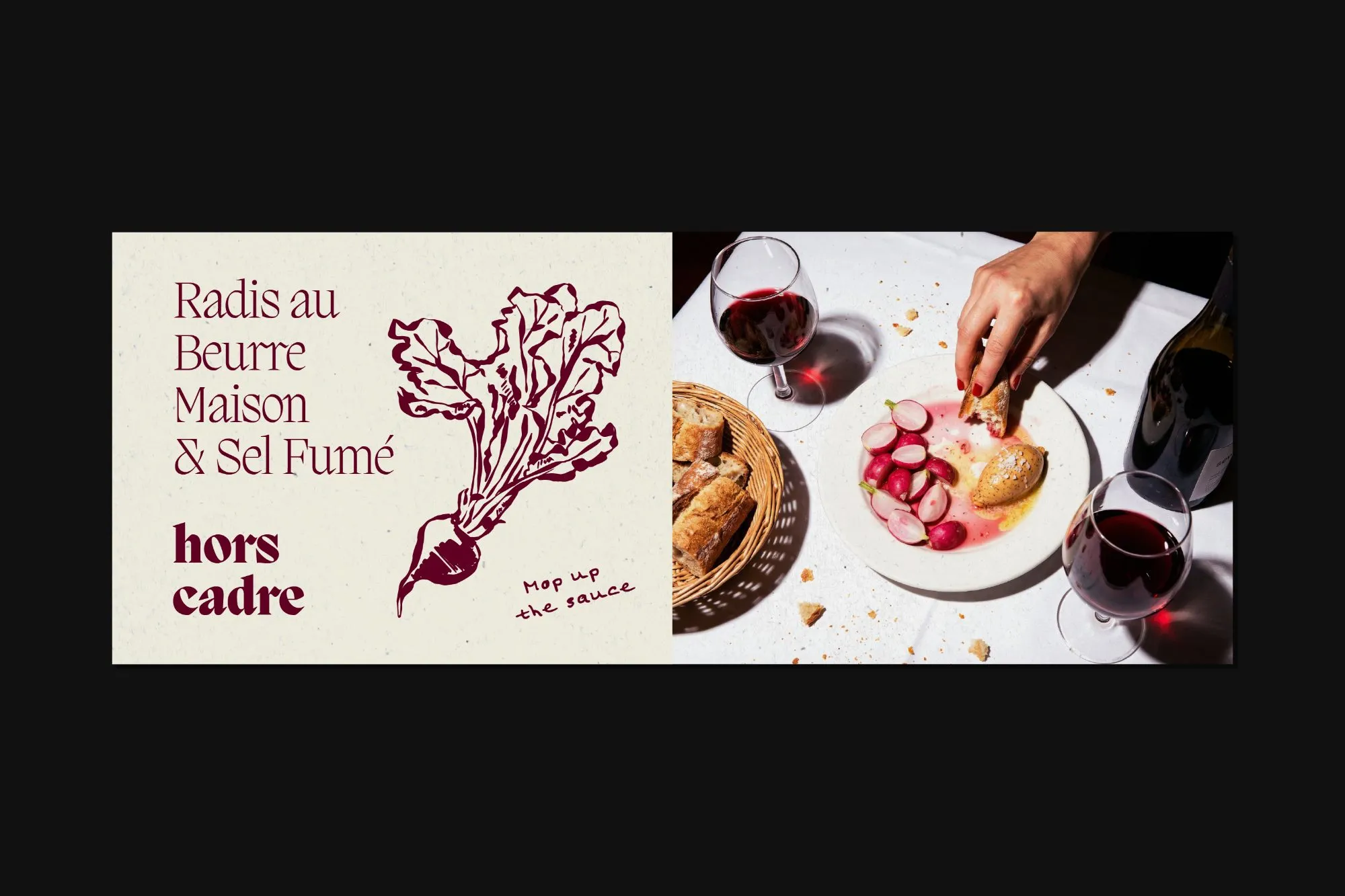 Radis au Beurre Maison menu card beside a plate of radishes and wine