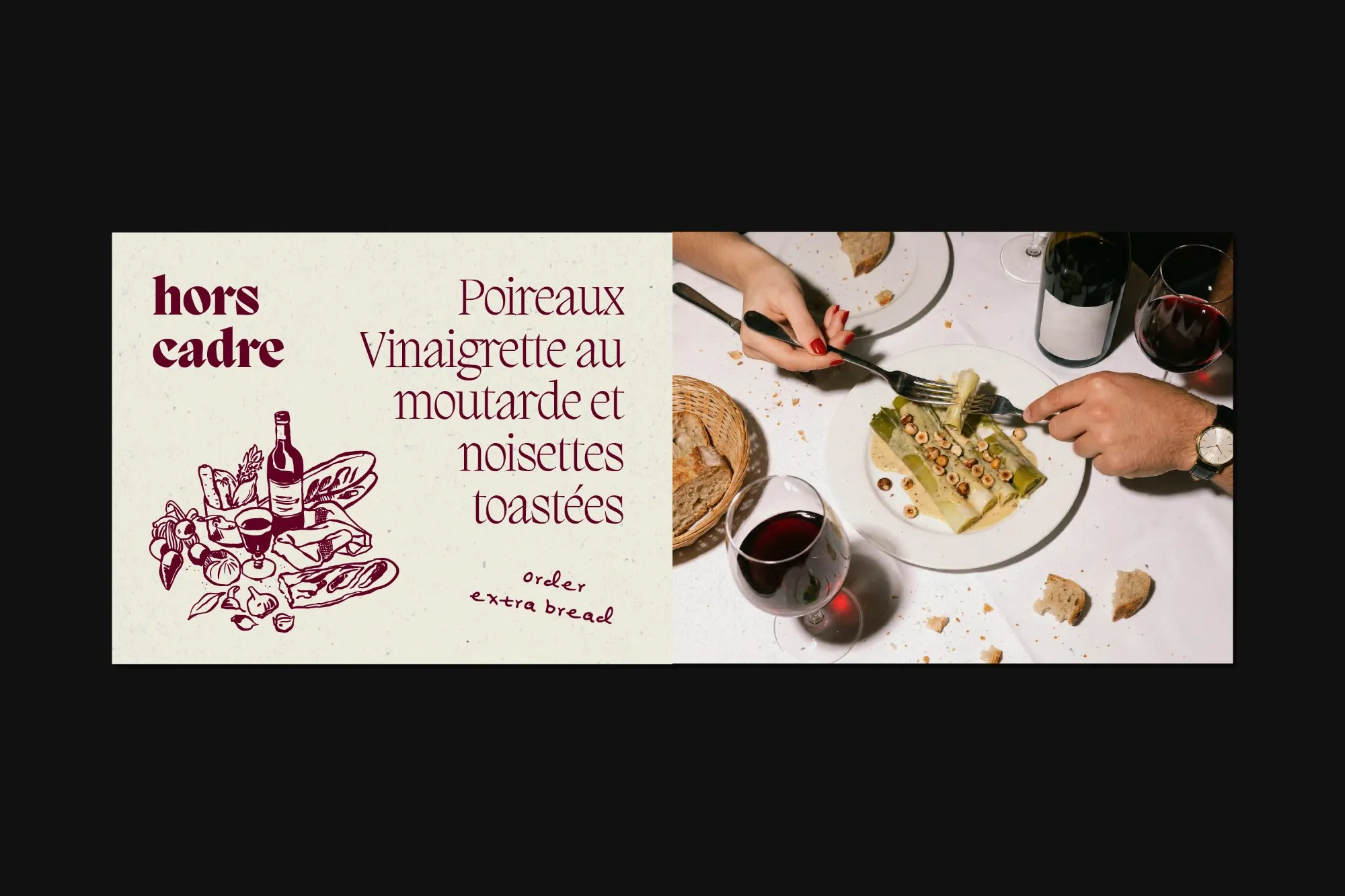Poireaux Vinaigrette menu card beside leeks with toasted hazelnuts