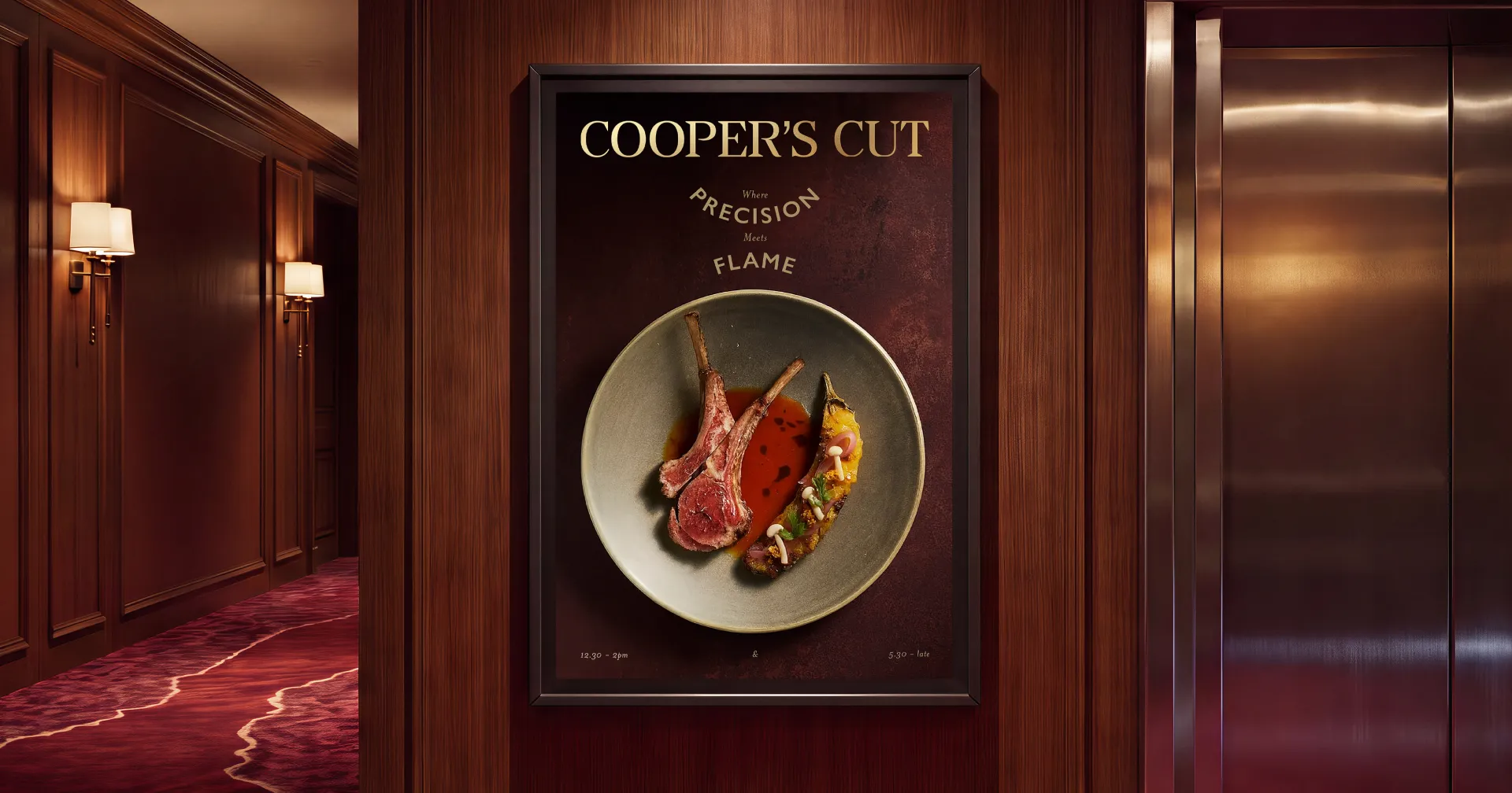 Cooper's Cut poster, Where Precision Meets Flame, framed in a wood-panelled hotel corridor