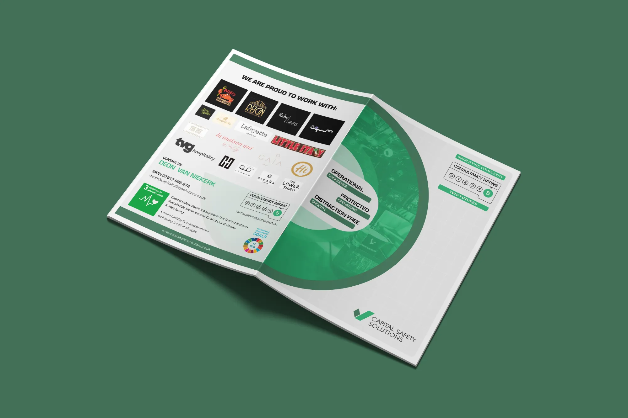 Capital Safety Solutions brochure open on a green background, showing the client logo wall and consultancy rating