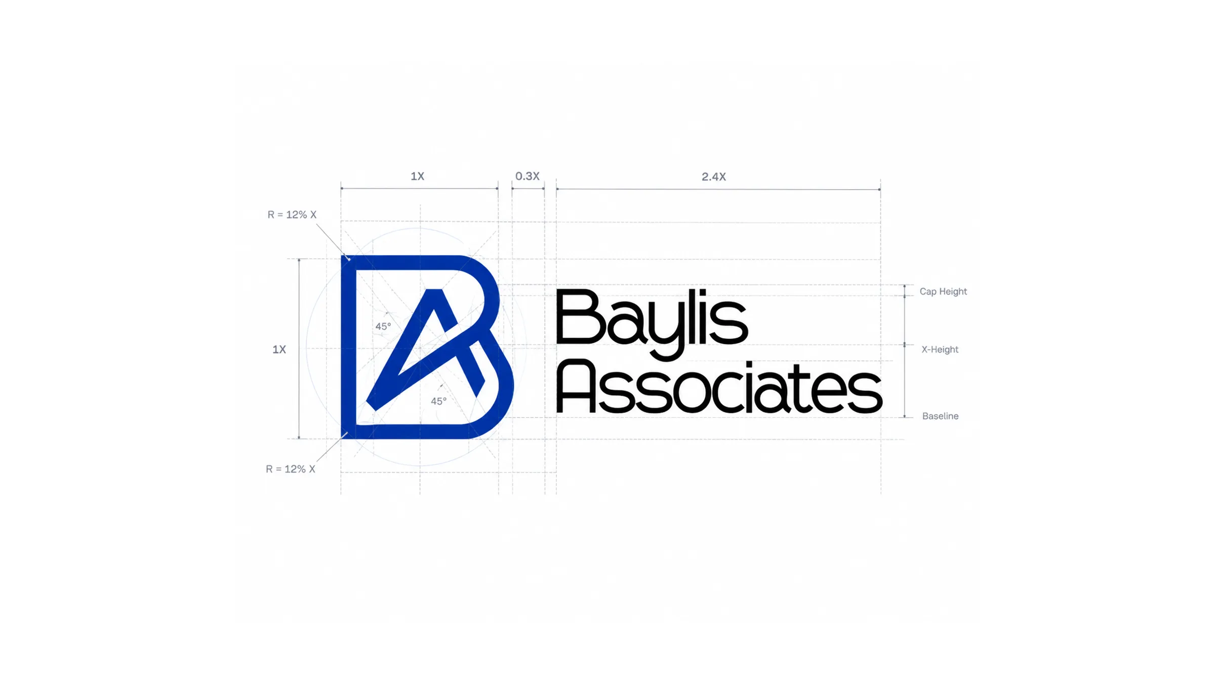 Baylis Associates logo construction grid with proportions and 45° angles